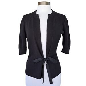 Elie Tahari Black Short Sleeve Textured Cardigan Sweater Size Small Ribbon Tie